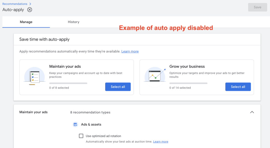 disable auto apply google ads